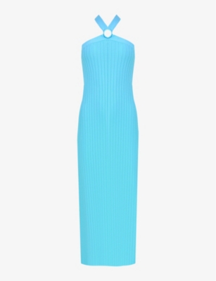 Ro&zo Circular-buckle Halter-neck Knitted Maxi Dress In Blue