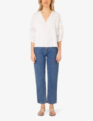 Ro&zo V-neck Broderie Cotton Top In White
