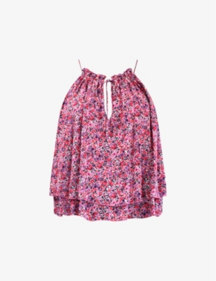 Ro&zo Floral-print Halter-neck Woven Blouse In Purple