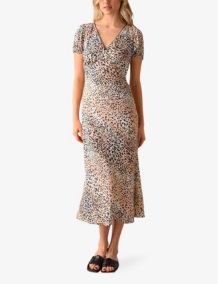 RO&ZO: Leopard-print short-sleeved woven midi dress