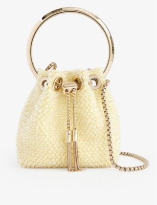 Shop Jimmy Choo Sunbleached Light Gold Bon Bon Micro Crystal-embellished Satin Top-handle Bag