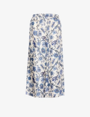 Shop Weekend Max Mara Women's Light Blue Floral-print Wide-leg Silk-satin Trousers