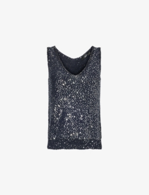 Weekend Max Mara Womens Vy V-neck Sequin-embellished Woven-blend Top In Navy