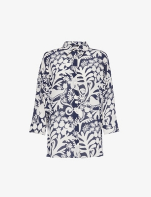 Shop Weekend Max Mara Women's Navy Floral-print Relaxed-fit Silk-crepe Shirt