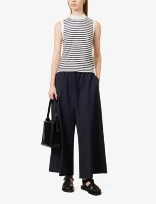 Shop Weekend Max Mara Omens Navy Drawstring Wide-leg Mid-rise Cropped Wool Knitted Trousers