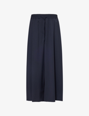 Shop Weekend Max Mara Omens Navy Drawstring Wide-leg Mid-rise Cropped Wool Knitted Trousers