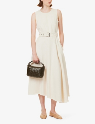 Shop Weekend Max Mara Omens Asymmetric-hem Panelled Denim Midi Dress Ecru