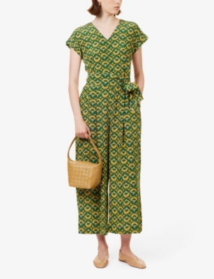 Shop Weekend Max Mara Omens Graphic-pattern V-neck Silk-crepe Jumpsuit Green