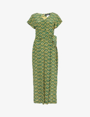 Weekend Max Mara Womens Green Graphic-pattern V-neck Silk-crepe Jumpsuit
