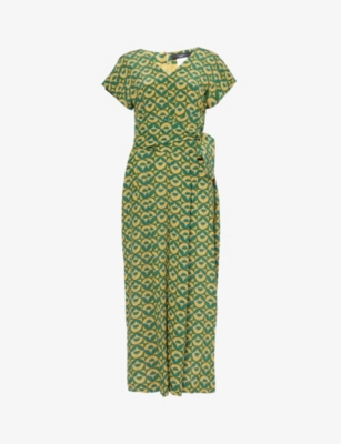 Shop Weekend Max Mara Omens Graphic-pattern V-neck Silk-crepe Jumpsuit Green