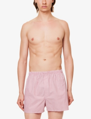 Shop Sunspel Men's White/red/navy Pinstripe Classic Elasticated-waist Mid-rise Cotton Boxer Shorts