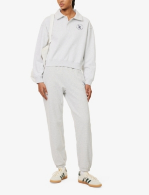 Shop Sporty And Rich Brand-patch Cuffed Cotton-blend Jersey Jogging Bottoms In Heather Gray