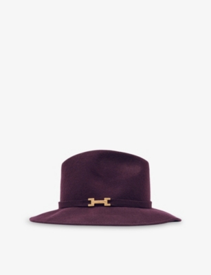 Reiss Womens Burgundy Holly Hardware-embellished Wool Fedora Hat In Brown