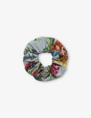 PRADA: Floral-print brand-patch recycled-polyamide hair scrunchie
