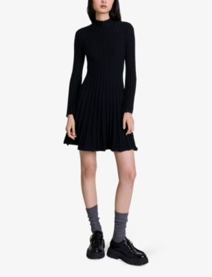 Shop Maje Womens Flared-cuff Long-sleeve Stretch-knit Mini Dress Noir / Gris