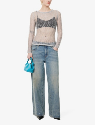 Shop House Of Sunny Women's Sky Blue Crystal-embellished Wide-leg Mid-rise Denim-blend Jeans