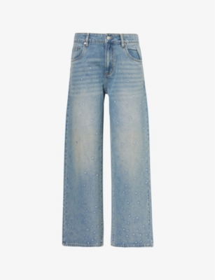 Shop House Of Sunny Women's Sky Blue Crystal-embellished Wide-leg Mid-rise Denim-blend Jeans