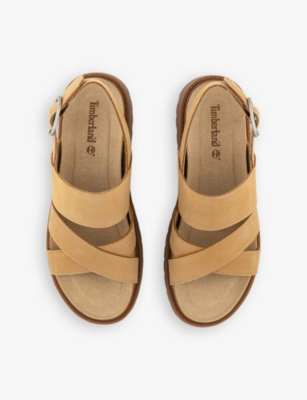 Shop Timberland Clairemont Logo-debossed Leather Sandals In Medium Beige Nubuck
