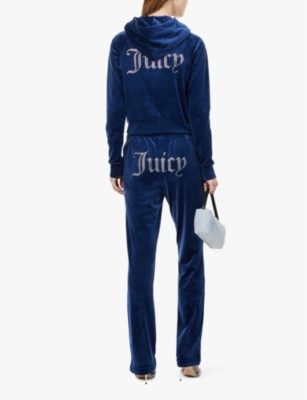 Shop Juicy Couture Womens Madison Rhinestone-embellished Velour Hoody Blue Depths