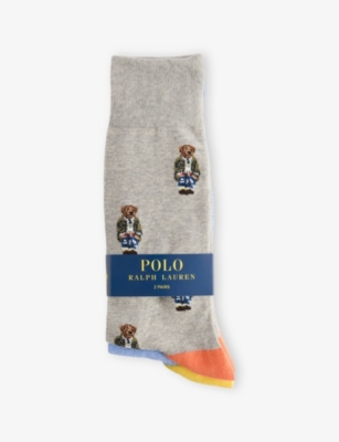 Polo Ralph Lauren Mens 2pk Grey/blue Bear-embroidered Pack Of Two Stretch-cotton Blend Socks In Gray