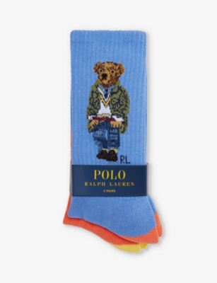 Polo Ralph Lauren Mens 2pk Blue/orange Graphic-print Pack Of Two Cotton-blend Socks