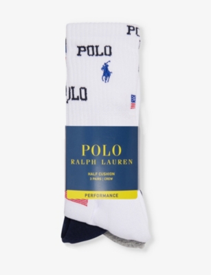 Shop Polo Ralph Lauren Logo-intarsia Pack Of Three Cotton-blend Socks In 3pk White/navy/grey