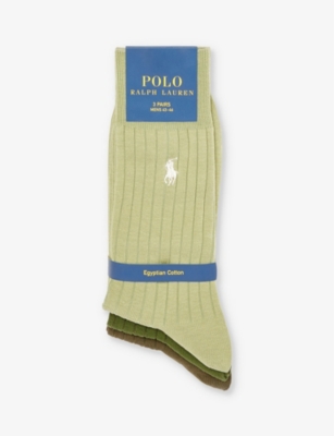 Shop Polo Ralph Lauren Mens 3pk Olive Assorted Log-embroidered Pack Of Three Cotton-blend Socks