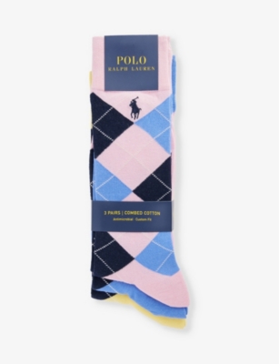 POLO RALPH LAUREN: Logo-embroidered argyle  pack of three stretch-cotton blend socks