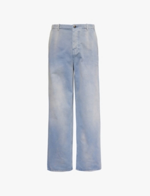 Loewe Mens China Blue Washed Baggy Brand-patch Wide-leg Relaxed-fit Cotton Trousers