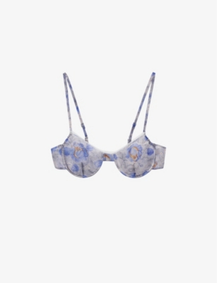 Shop Prada Peony-print Fitted Nylonette Bra In Light Blue