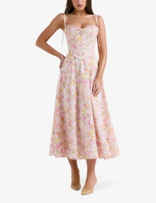 House Of Cb Womens Pink Meadow Rosalee Floral-print Stretch Cotton-blend Midi Dress In Pink Meadow Print