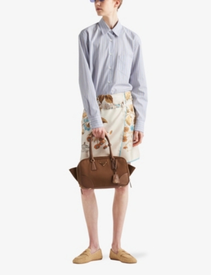 Shop Prada Floral-print Archive-logo Silk-twill Mini Skirt In Neutral