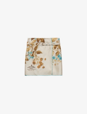 Shop Prada Floral-print Archive-logo Silk-twill Mini Skirt In Neutral