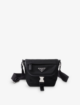 Prada Womens Black Re-nylon Brand-plaque Leather And Recycled-nylon Shoulder Bag