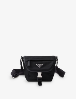 Shop Prada Womens Black Re-nylon Brand-plaque Leather And Nylon Shoulder Bag
