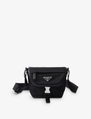 Shop Prada Womens  Re-nylon Brand-plaque Leather And Recycled-nylon Shoulder Bag In Black