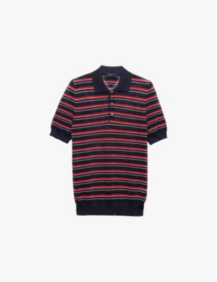 Shop Prada Mens Blue Stripe-pattern Jacquard-knit Silk Polo Shirt