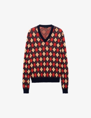 PRADA: Argyle-pattern V-neck cotton-knit sweatshirt