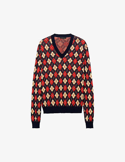 PRADA: Argyle-pattern V-neck cotton-knit sweatshirt