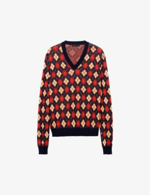 Shop Prada Argyle-pattern V-neck Cotton-knit Sweatshirt In Blue