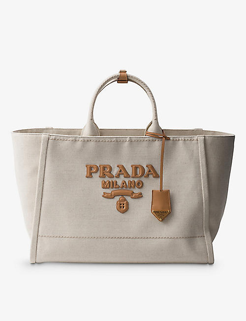 PRADA: Brand-plaque linen-blend tote bag