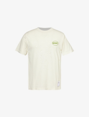 Shop Satisfy Mens  Mothtech™ Distressed Organic Cotton-jersey T-shirt In Off White