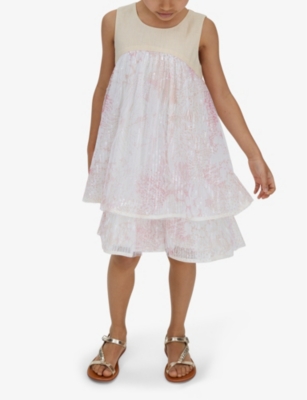 Shop Reiss Girls Pink Kids Daisy Sequin-embellished Tiered Linen Dress 4-14 Years
