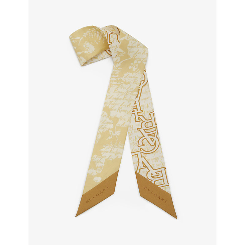 Bvlgari Womens Gold Logo Bouquet Graphic-print Silk-twill Scarf