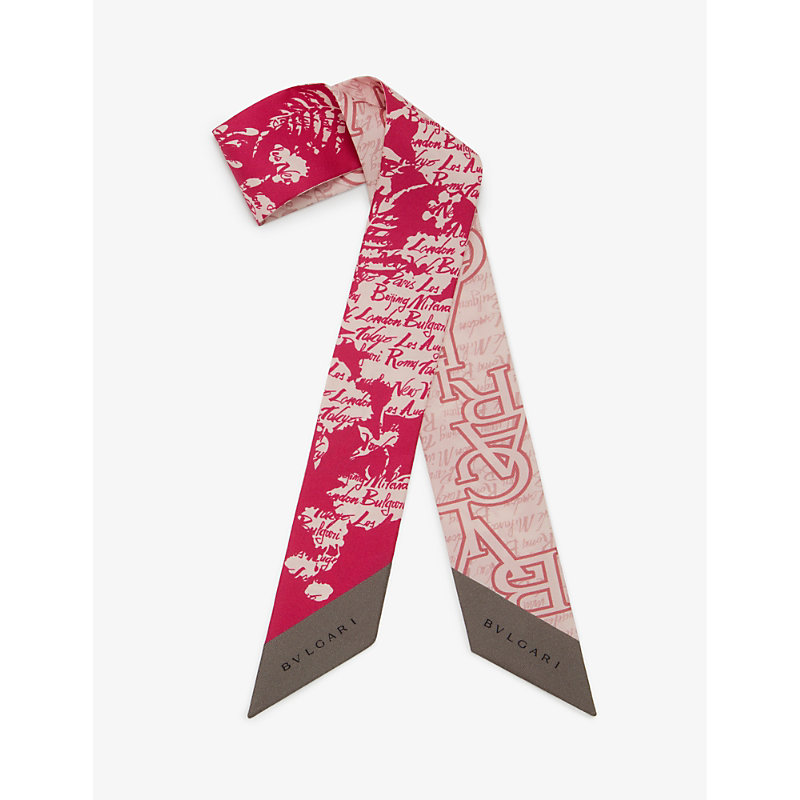 Bvlgari Womens Pink Light Logo Bouquet Graphic-print Silk-twill Scarf