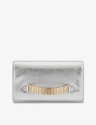Shop Bvlgari Serpenti Handled Leather Clutch Bag In Silver