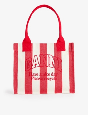 GANNI: Easy Shopper large stripe-print recycled-cotton tote bag