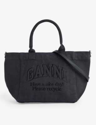 GANNI: Logo-embriodered recycled-cotton tote bag