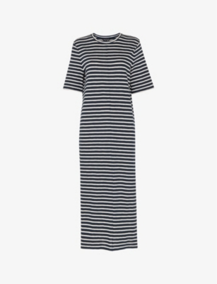 WHISTLES: Stripe-print short-sleeves cotton midi dress