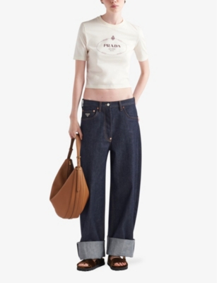 Prada Logo-print Cotton Cropped T-shirt In Neutral